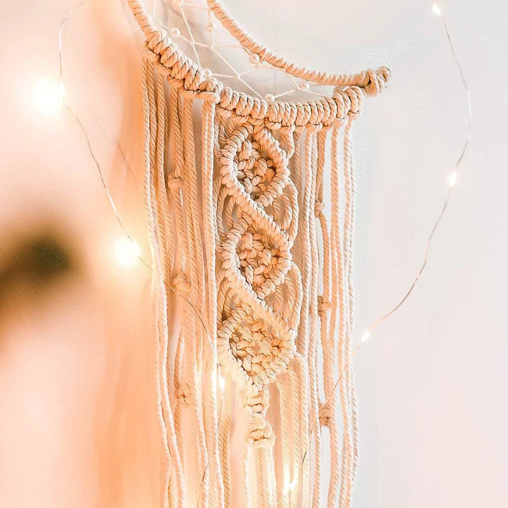 Nordic Bohemian Style Dream Catcher Handwoven Cotton Fabric Star Moon Tasseled Wall Hanging Tapestries/Colors-Beige/White/Multicolor