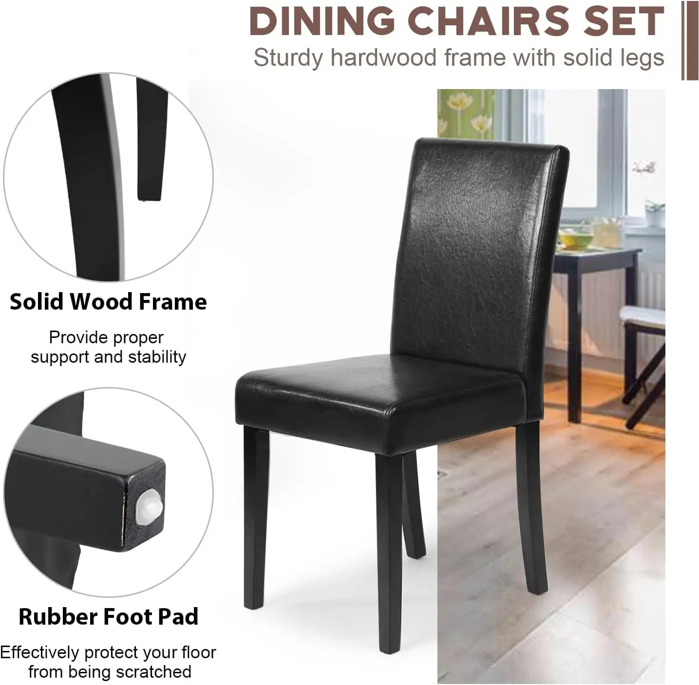 4pcs Black Modern Wood Dining Chairs Set w/ PU Leather Upholstered Soft Foam Cushions