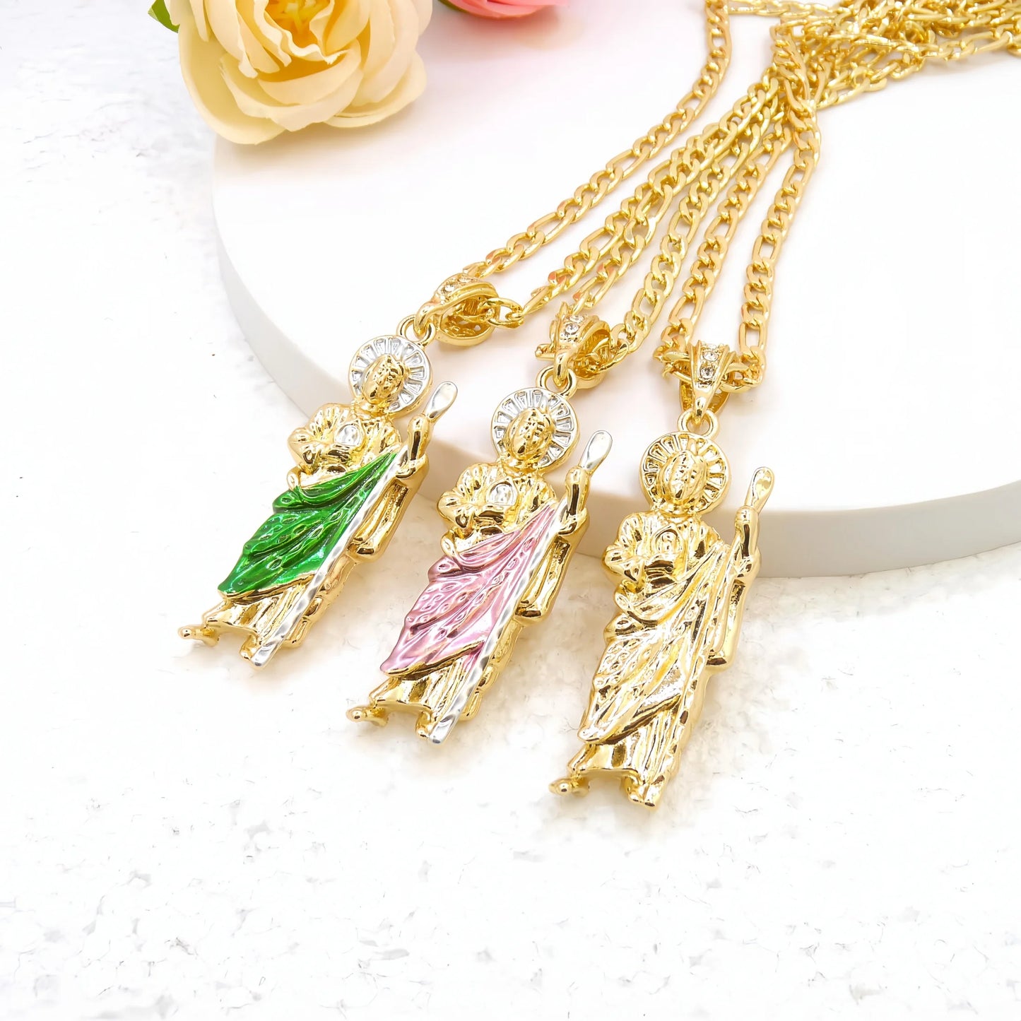 Adults-Teens 14K Gold-Plated Copper Metal Catholicism Religious Style Figaro Chain Saint Jude Pendant Necklaces/Colors-Gold/Green/Pink/White/Multicolor