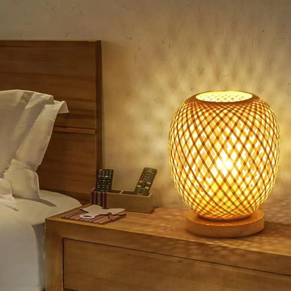 Desktop Bamboo Weaved Handmade Natural Wooden Base Table Lamps/Colors-Brown/Yellow/Beige/22CM Battery Not Included
