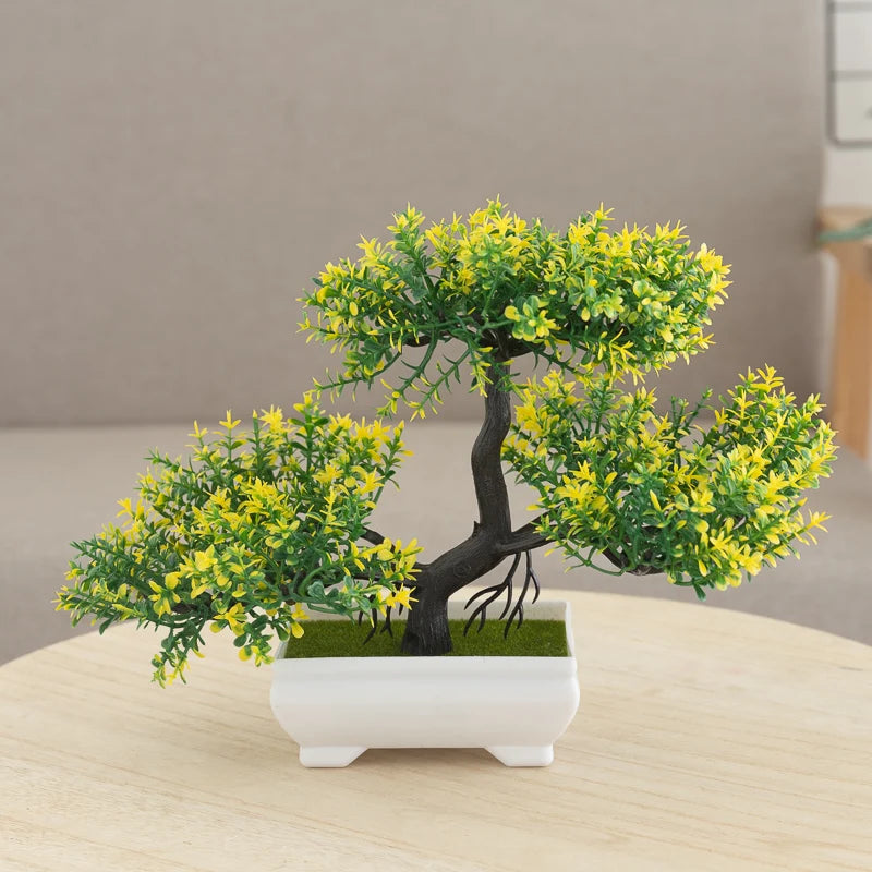 Indoor Artificial Plastic Non-Flowering Small Magnoliopsida Bonsai Tree-Rectangle Pot/Colors-Green/Purple/Yellow