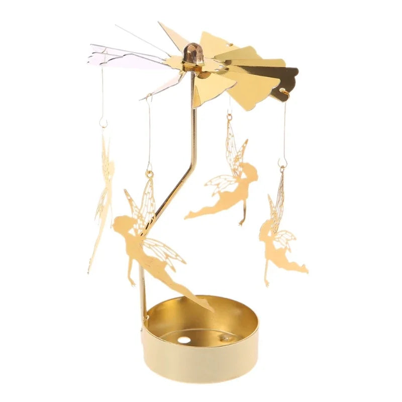 Gold Metal Rotating Fairies Flying Around Small Tealight Round Base Candleholders/No Candle/