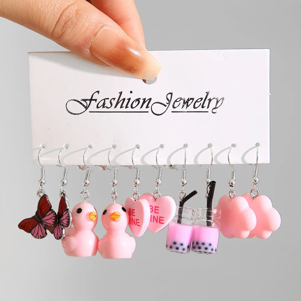 Women Imitation Multicolor Acrylic Cute Funny Cartoon Dopamine Hearts-Duck-Butterfly-Star-Pig Drop Tin Alloy Metal Earrings Sets/Colors-Multicolor/Dots/Animals