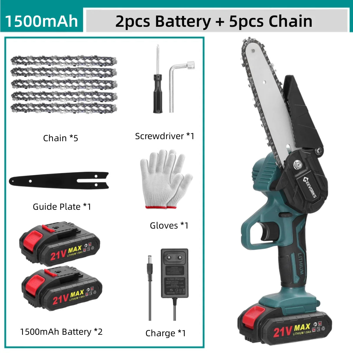 GEEVORKS Outdoor Home DIY Plastic Green-Black Body 6 Inch Handheld Mini Cordless Lithium Battery-Powered Rechargeable Brushed Motor 21V Electric Portable Wood Cutting Adjustable Tension Pruning Metal Chainsaws/Colors-Green/Black/Gray/Red/