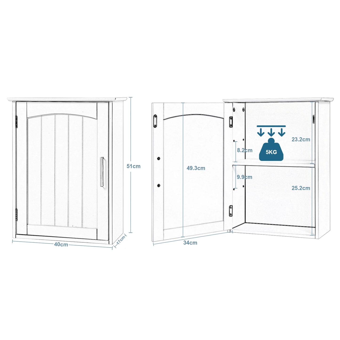 White Melamine Wall Hanging Bathroom Cabinet w/ Adjustable Shelf/Door/Metal Hinges/Dimension: 40x18x52cm (L x D x H)