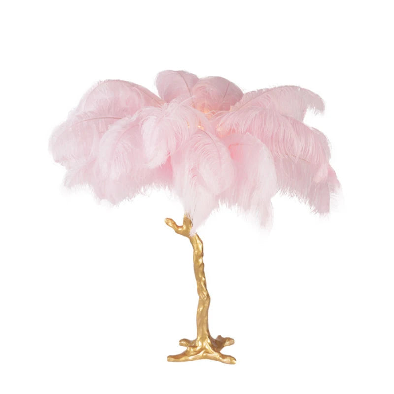 Modern Resin Gold Iron Tree-Like Trunk Base LED Ostrich Feather Up-Down Shade Standing Table Lamps/Colors-White/Pink/Blue/Orange/Black/Gold