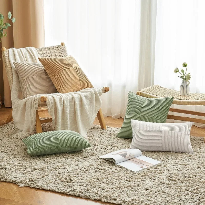 2 PCS Set Solid Color Cotton-Polyester Corduroy Striped Throw Pillow COVERS Only /Colors-Beige/Wine Red/Pink//Dark Gray/Bean Green/Dark Green/ Denim Blue/ White/Bright Yellow/Sizes: 18 x 18 Inches/Concealed Zipper