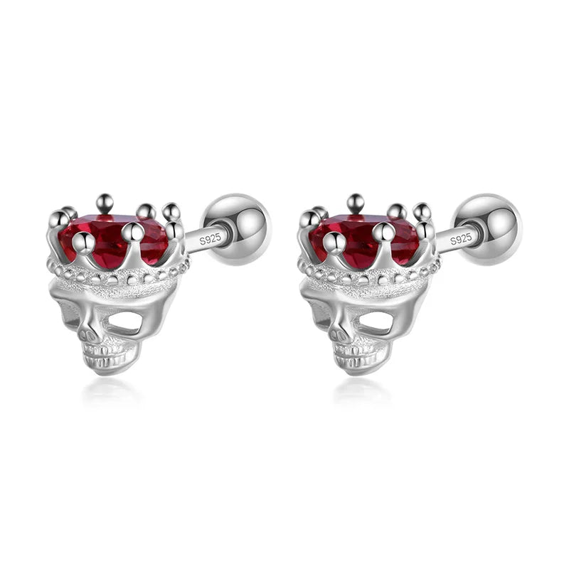 TrustDavis Real 925 Sterling Silver Man/Women Red Zircon Crown Skull Head Screw Stud Earrings for Girls Party Jewelry DF2028