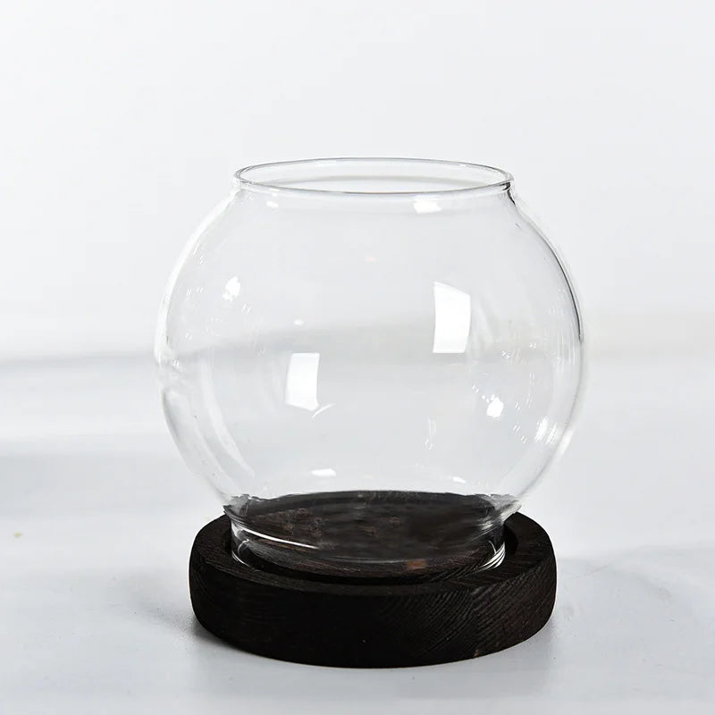 No-EN-Name-Null Modern Vintage Clear Transparent Round Glass Shade-Round Brown Wood Base Windproof Big Tealight Candle Holders