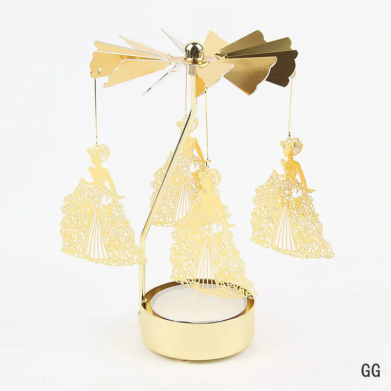 Gold Stainless Steel Metal Rotating Carousel Deer-Snowflake Small Tealight Candleholders