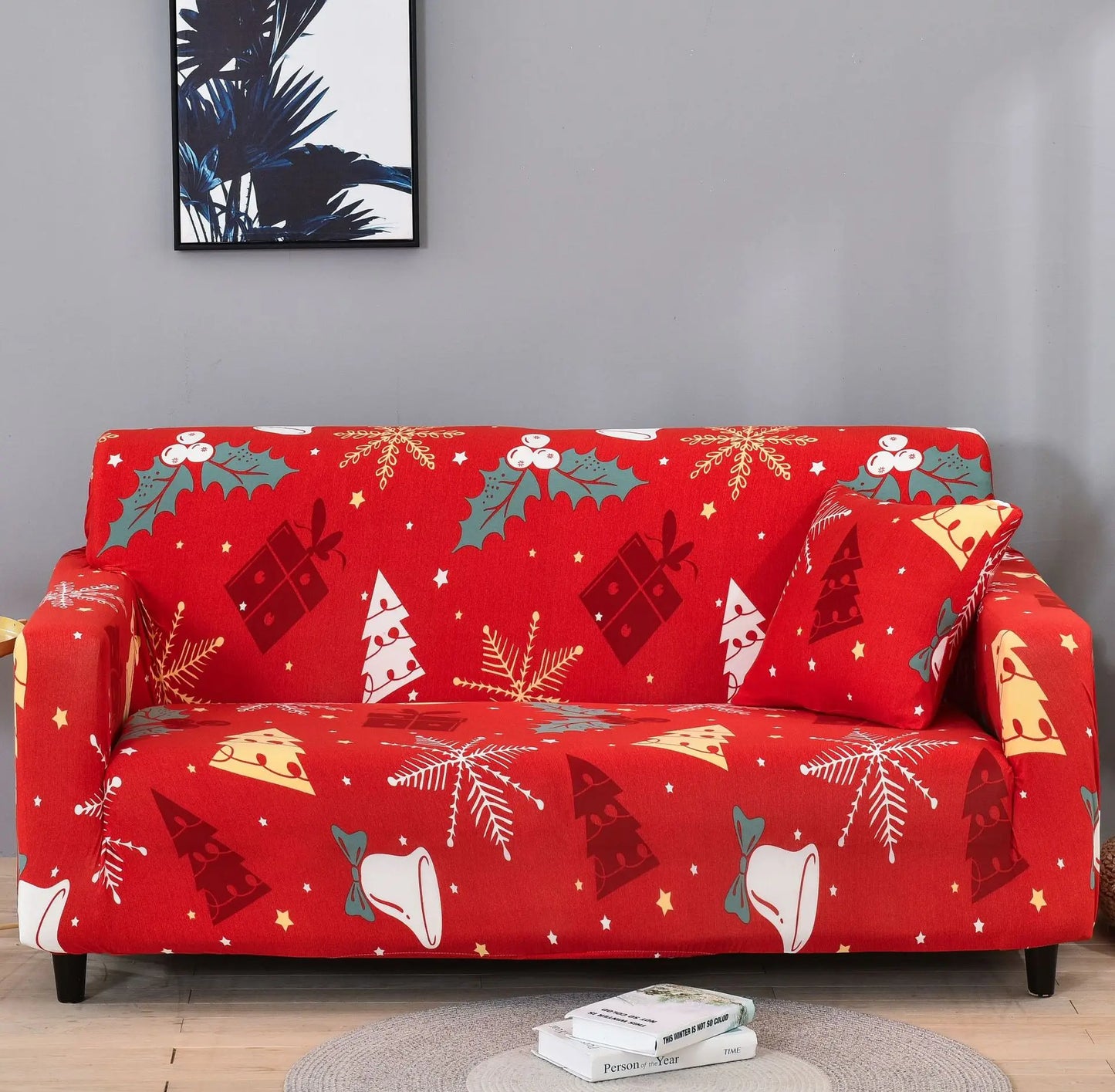 Christmas Theme Red-Green Polyester-Spandex 1-4 Seater L-Shape-Sectional Sofas Stretch Non-Slip Slipcovers