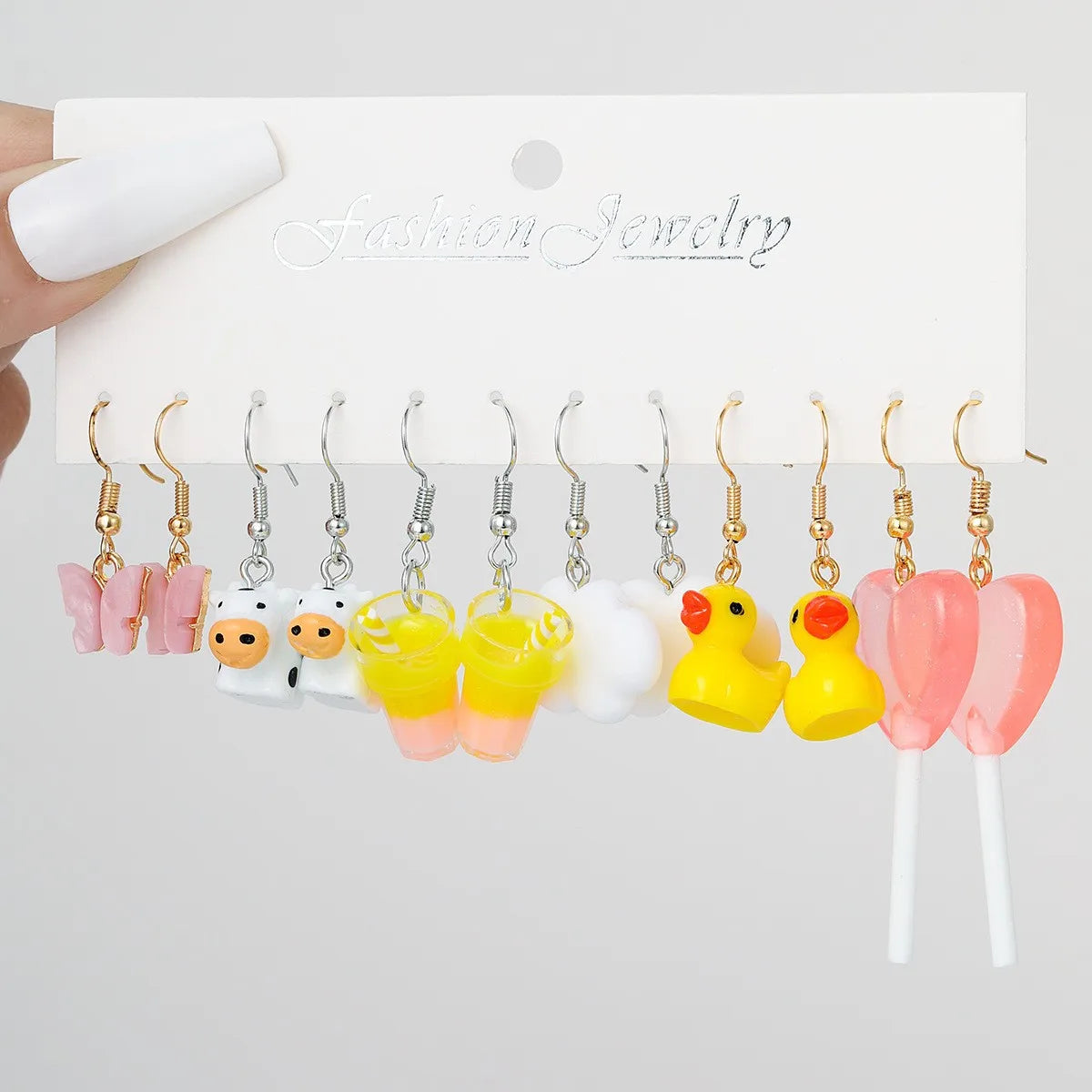 Women Imitation Multicolor Acrylic Cute Funny Cartoon Dopamine Hearts-Duck-Butterfly-Star-Pig Drop Tin Alloy Metal Earrings Sets/Colors-Multicolor/Dots/Animals
