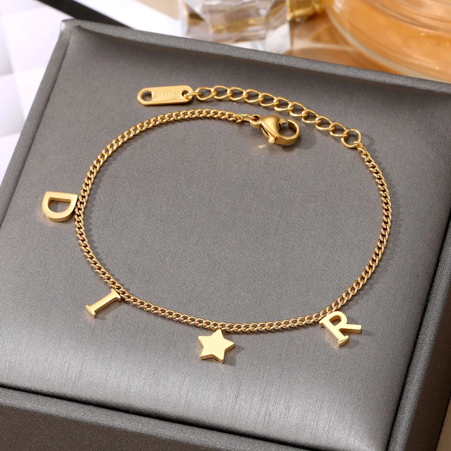 Unisex Korea Imitation Stainless Steel Link Chain Star-Letter Alphabet Charm Bracelets/Colors-Gold/Rose Gold/Silver