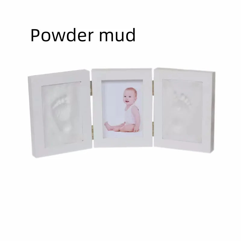 Newborn-3 Years Old White Solid Pine Tri-Fold Ink Pad Creating Hand-Foot In Plaster Of Paris Cement Print Keepsake Photo Frame