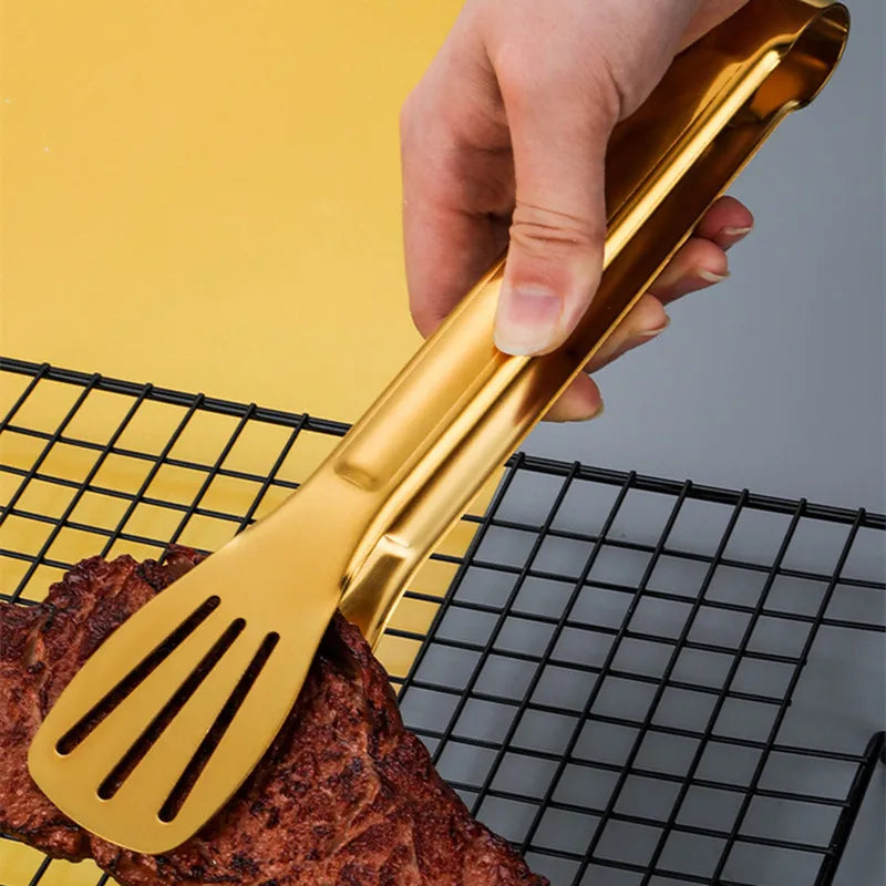 Kitchen Durable Stainless Steel BBQ Cooking Tongs/Colors-Gold/Black/Silver