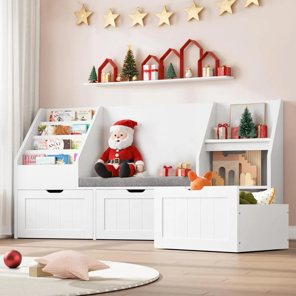 White Kids Bookshelf/ Soft Cushion Seat-Reading Nook/ Toy Storage Organizer / 3 Movable Drawers