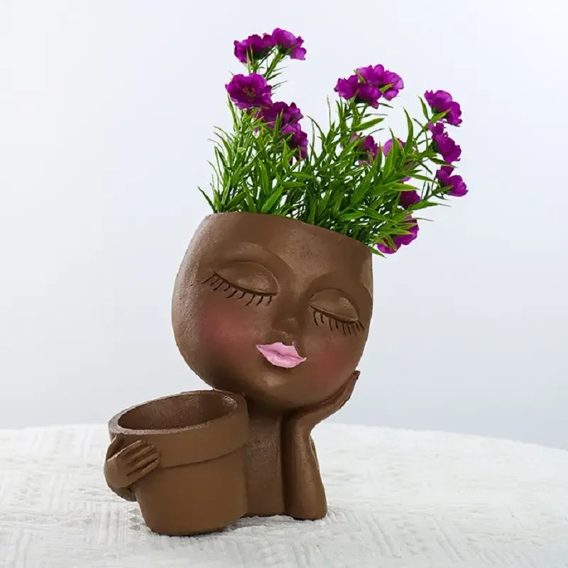 No-EN-Name-Null Indoor-Outdoor Classic Beige Resin Cute Girl Face Handheld Basket Flower Pots Planters/Colors-Beige/White/Gray/Brown/Pink/Multicolor/Floral