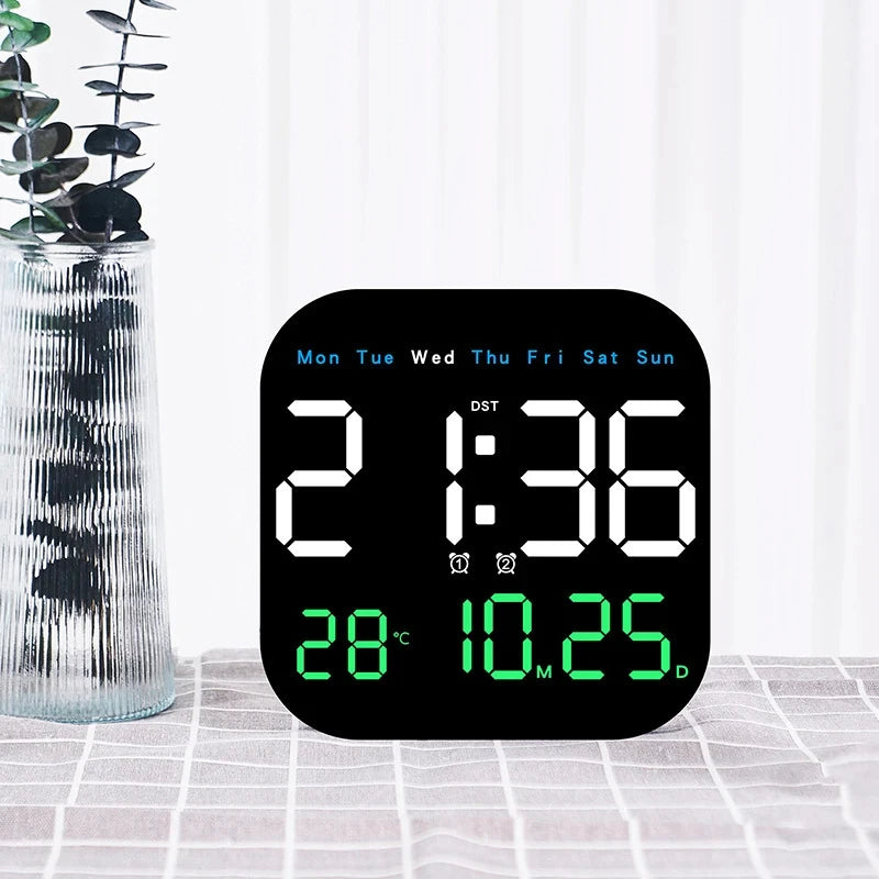 Modern USB Plug-In Black Plastic Square LED Large Digital Display Timing Function Remote Control Temperature-Week-Date Alarm Wall Clocks