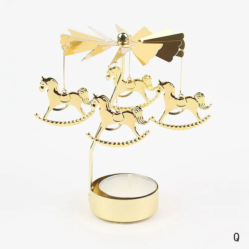 Gold Stainless Steel Metal Rotating Carousel Deer-Snowflake Small Tealight Candleholders