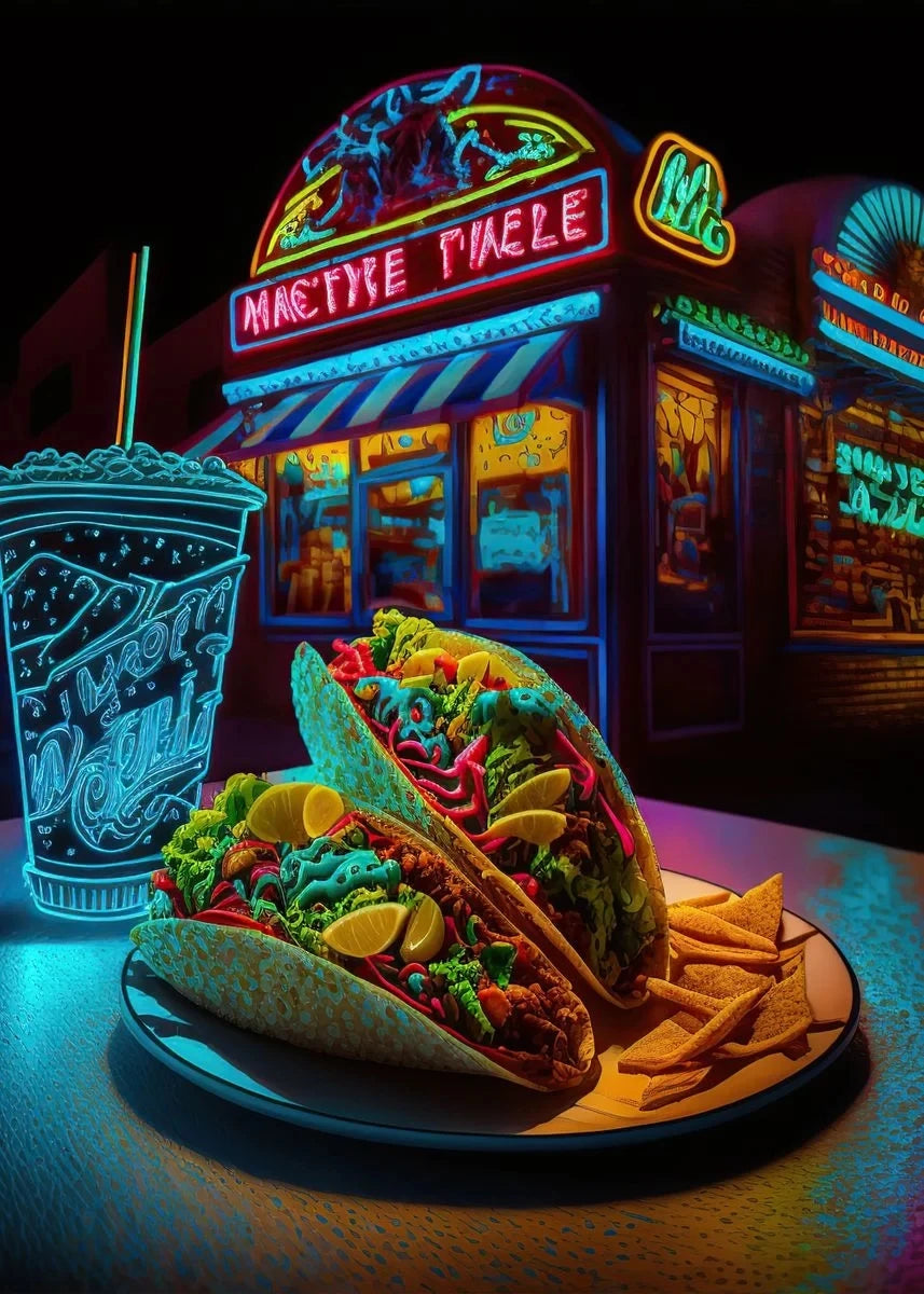 Unframed Modern Cotton Canvas Cartoon Neon Fast Food/Soft Drinks Prints/Colors-White/Blue/Multicolor