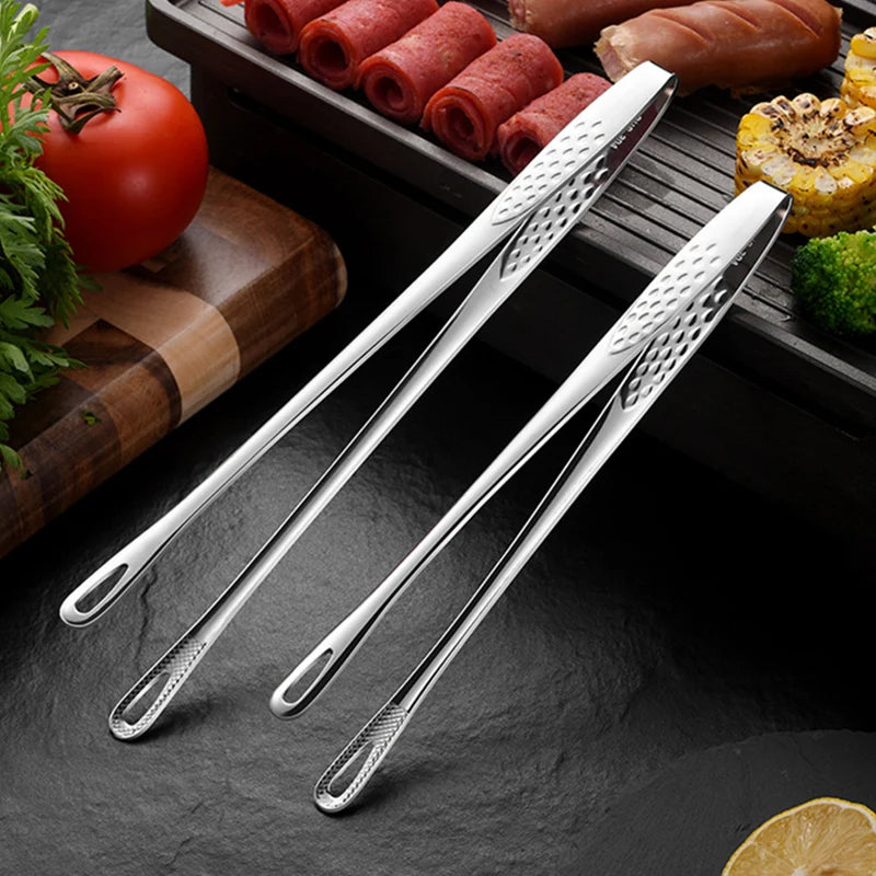 2 PCS Silver Stainless Steel Kitchen Barbecue Grill Tweezer Food Tongs/