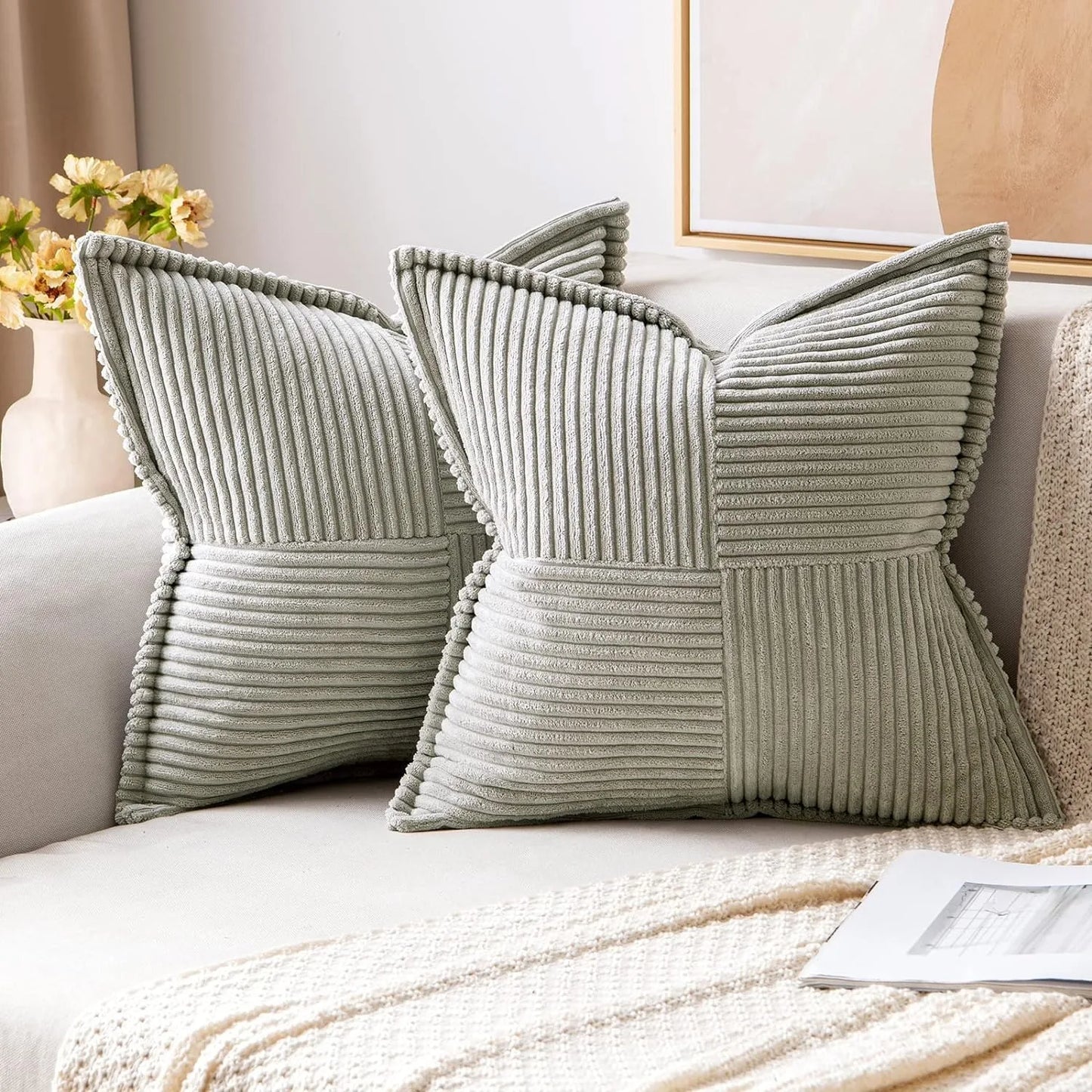 Polyester Corduroy Striped Throw Pillows COVERS/ Concealed Zipper/Colors-Beige/Green/Cream White/ Light Brown/Orange/Dark Green/ Pink/ Red/Black/Gray/Blue Green