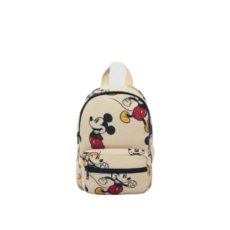 MINISO Kids Mini Disney Beige Cute Cartoon Mickey Mouse Black Metal Zippers-Detachable Front Pocket Lightweight Waterproof Nylon Fabric Shoulder Straps-Handle School Backpacks/Single Laptop Compartment