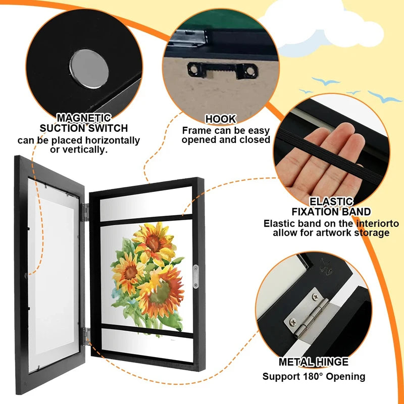 Kids Rectangle Wood Trim Frame Clear Acrylic Magnetic Suction Closure Display A4 Artwork Frames/Colors-Black/Brown/White/Beige/Blue/Elastic Band/Hook