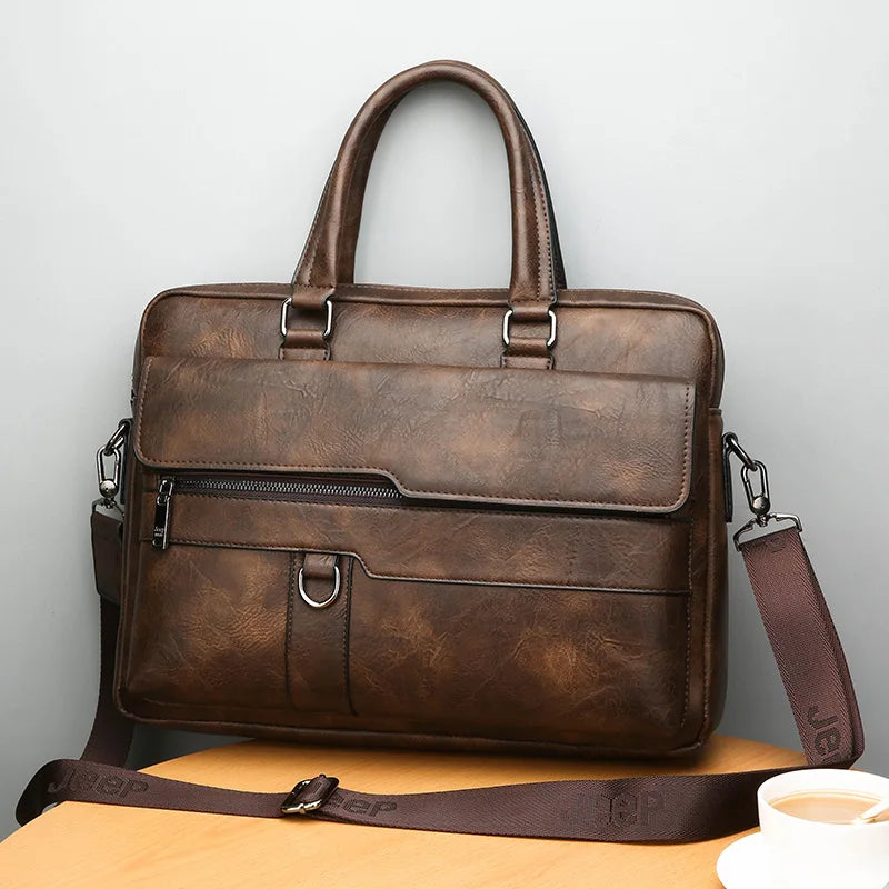 Men Waterproof Split Leather Zipper Briefcase Polyester Bags/Handles/ Shoulder Straps/Fits 14 Inch Laptop/Adjustable-Removable Strap/Single-Laptop Compartments/External Pockets/Colors-Black/Brown