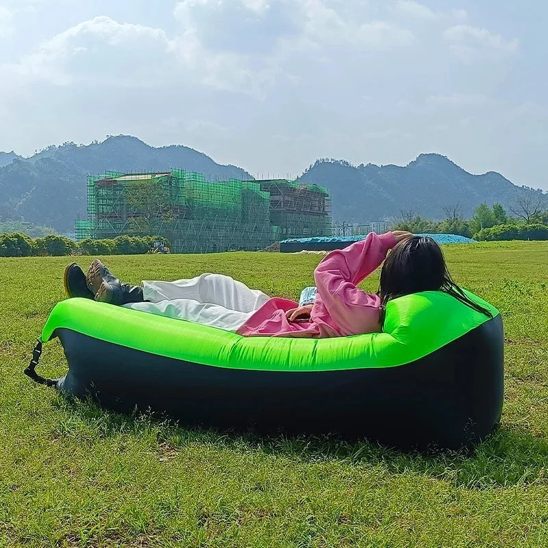 Outdoor Waterproof Inflatable Banana Shaped Oxford Cloth Polyester Fabric Lazy Pillow Air Sofa /Size: 200 x 240x 70cm/Weight Limit 400 kg (881 lbs)/Colors-Blue/Black/Brown/Beige/Gray/Geometric/Green/Multicolor
