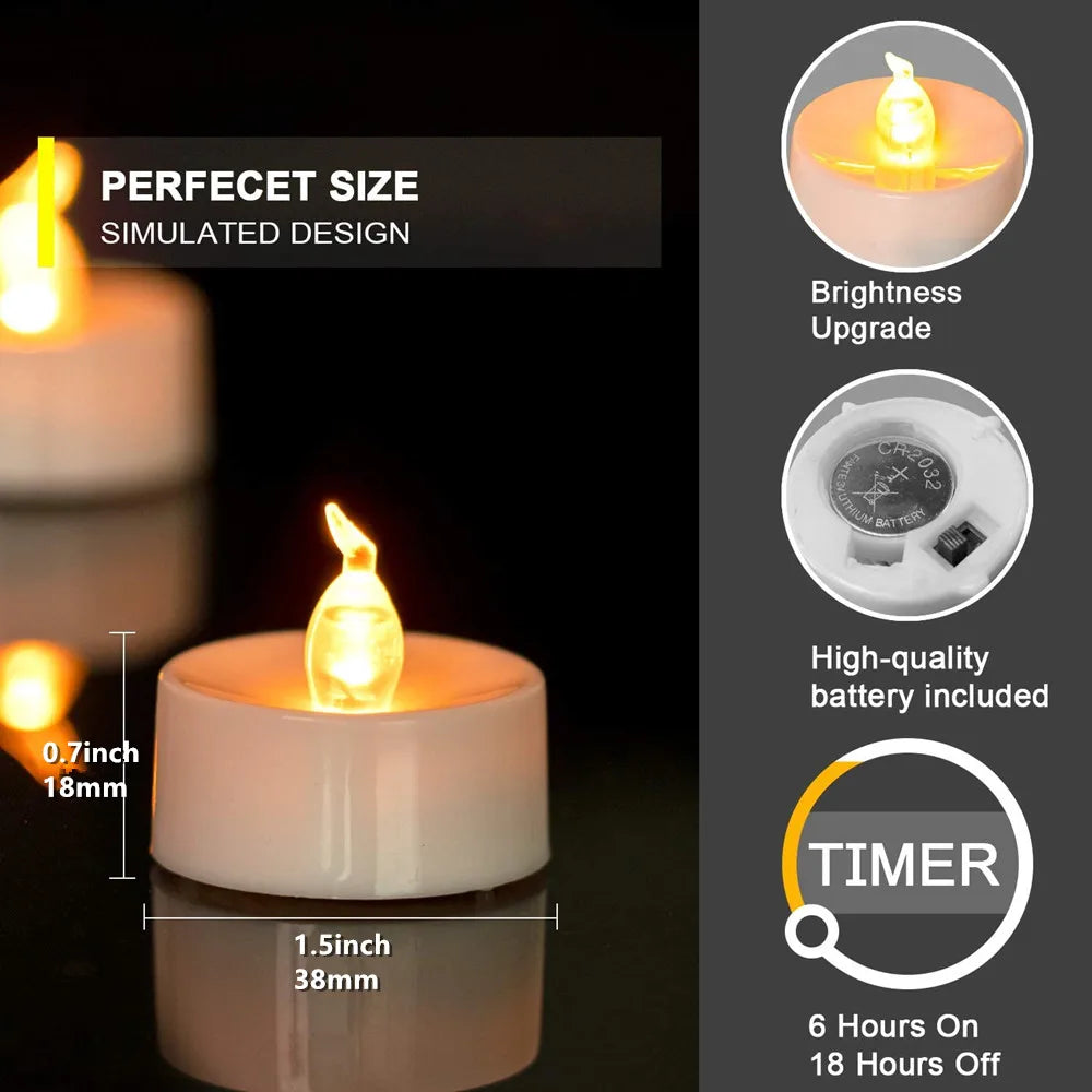 12-24 PCS Set Large Built-In Timer LED Flameless Flickering Small Round Tea Light Candles /Batteries Included-Button Batteries Type-CR2032/Color-White/Yellow