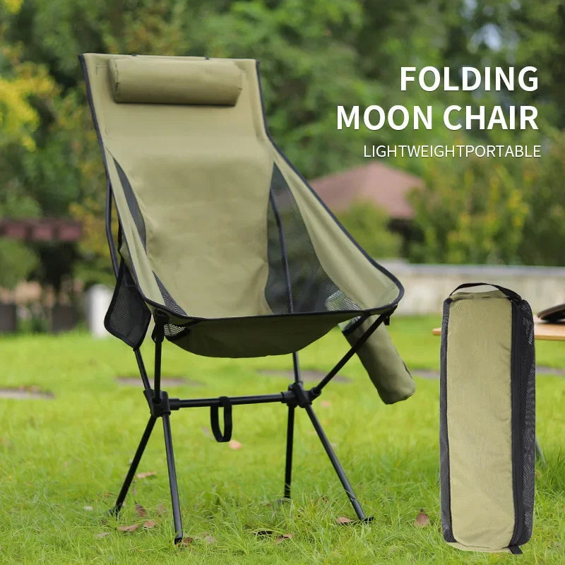 Outdoor Lightweight Portable Upholstered Mesh Polyester Folding Moon Chairs/Aluminum Alloy Frame Legs / Cup Holder Bag/Pillar/Colors-Green/Black/Beige/Brown