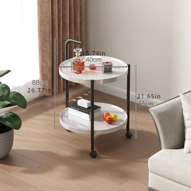 Wood Colored Small Double Layer End Table /3 Tripod Wheels/ Metal Frame/Colors- Gray/Brown/White