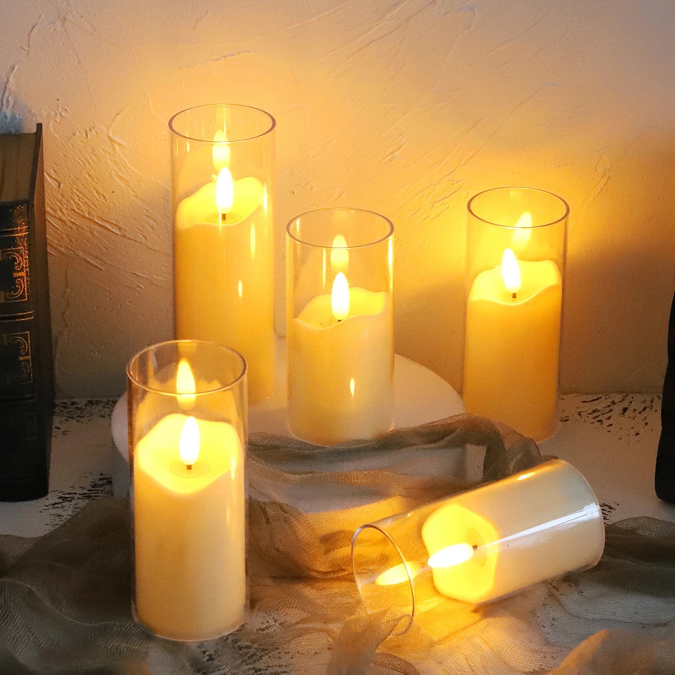 1-3 PCS Set LED Flameless Electric Acrylic Glass Holder Flickering Small Round Tealight Candles/3 Button Batteries/Colors-White/Yellow