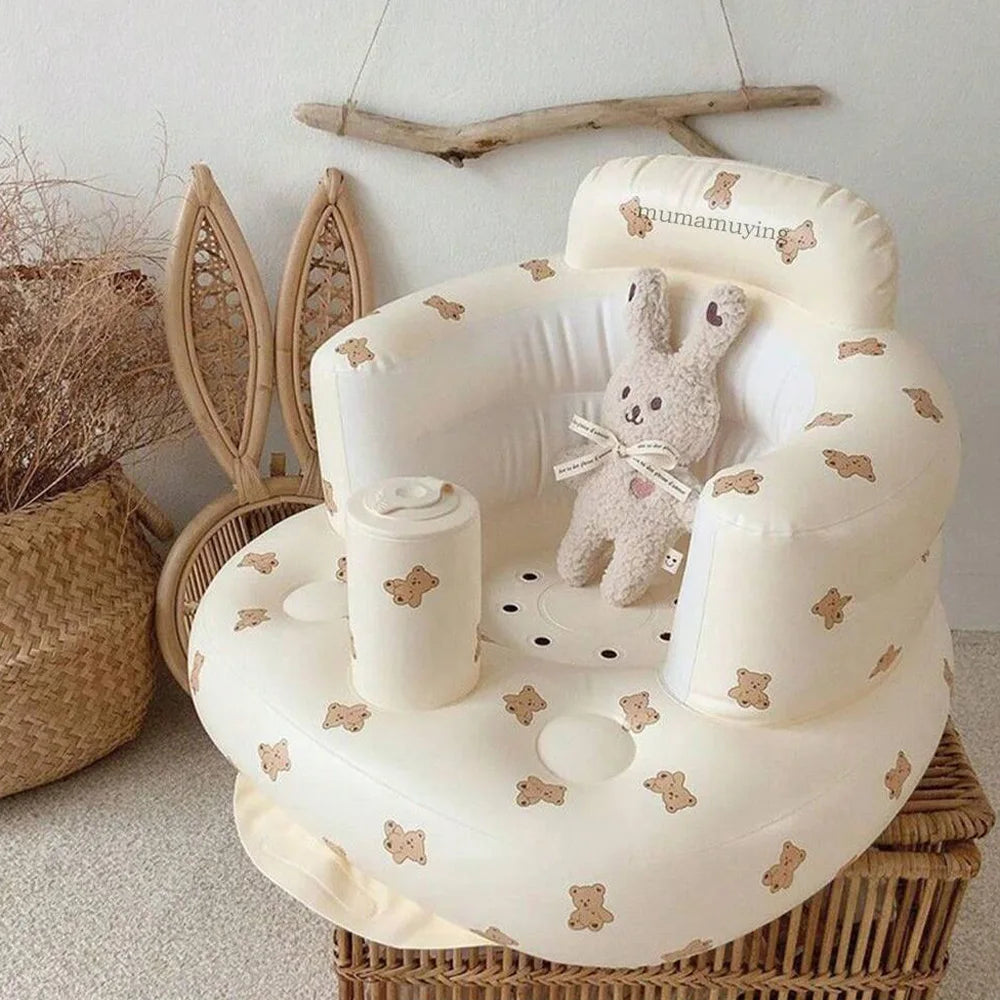 Baby PVC Inflatable Sofa Puff Portable Bath Sitting Chairs /Suitable for Babies: 6months-36 months/ 20 KG/Colors- Animals/White/Beige