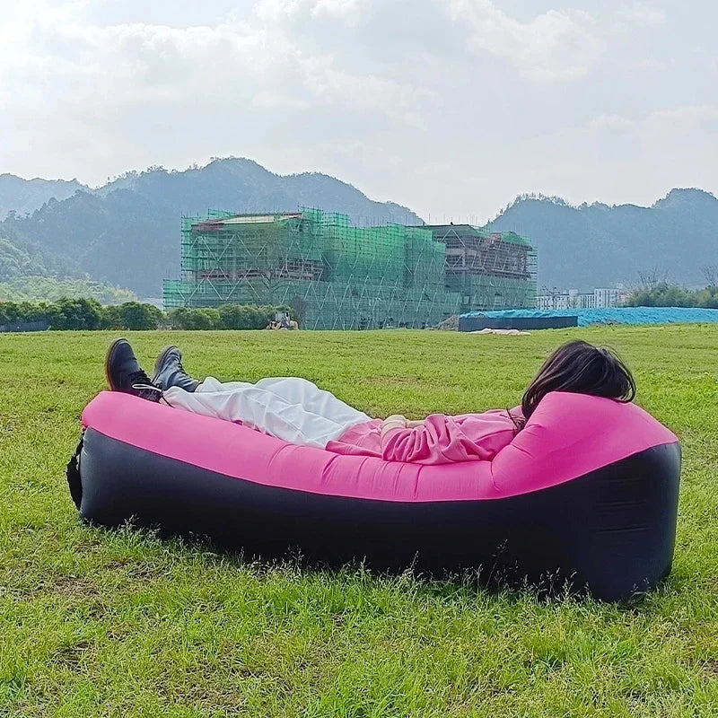 Outdoor Waterproof Inflatable Banana Shaped Oxford Cloth Polyester Fabric Lazy Pillow Air Sofa /Size: 200 x 240x 70cm/Weight Limit 400 kg (881 lbs)/Colors-Blue/Black/Brown/Beige/Gray/Geometric/Green/Multicolor