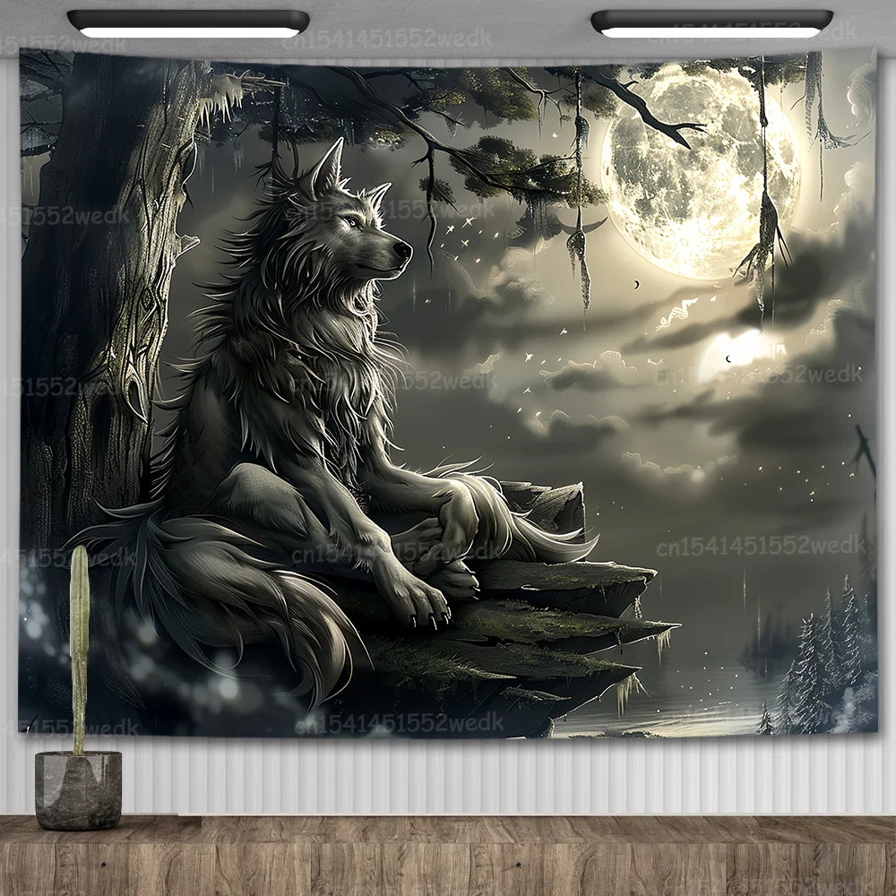 Emo White Wolf Sitting Meme Tapestry Werewolf Tapestries For Bedroom Printed Home Decoration Paintings Room Wall Hanging Posters