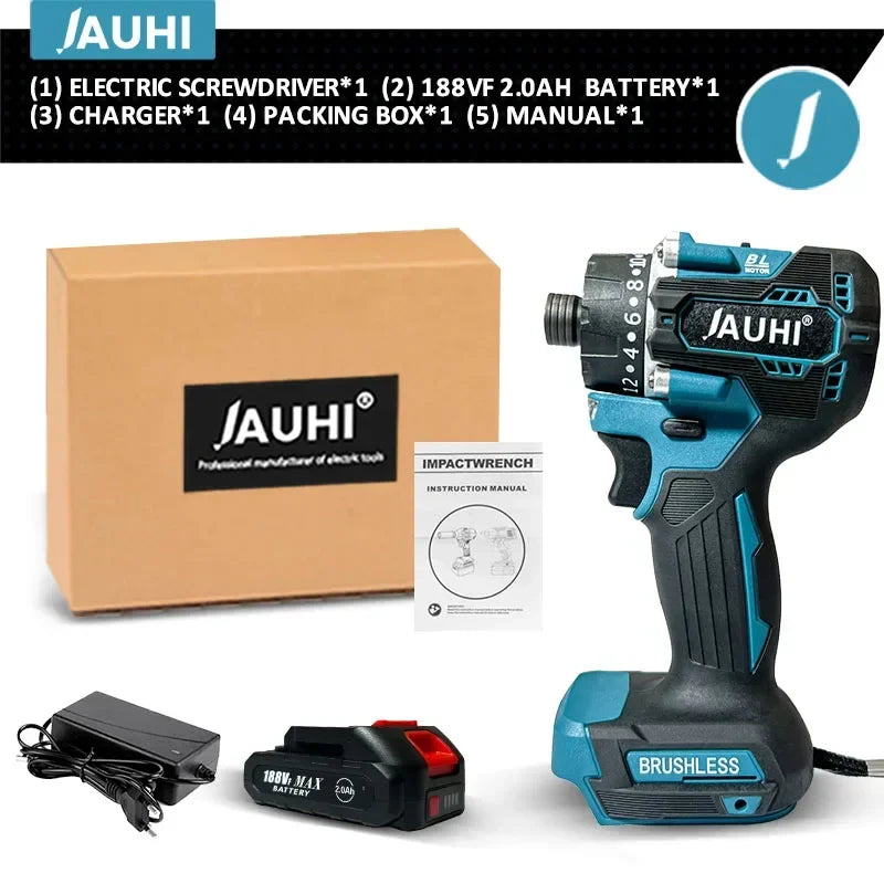 JAUHI Industrial Grade 388VF Red Button-Blue-Black Pistol Handle Brushless Electric Impact Wrench Rechargeable Lithium Battery-Powered Cordless Drill Power 18V Screwdrivers/Adapts To Makita 18V Lithium Battery/Colors-Black/Red/Gray/Blue