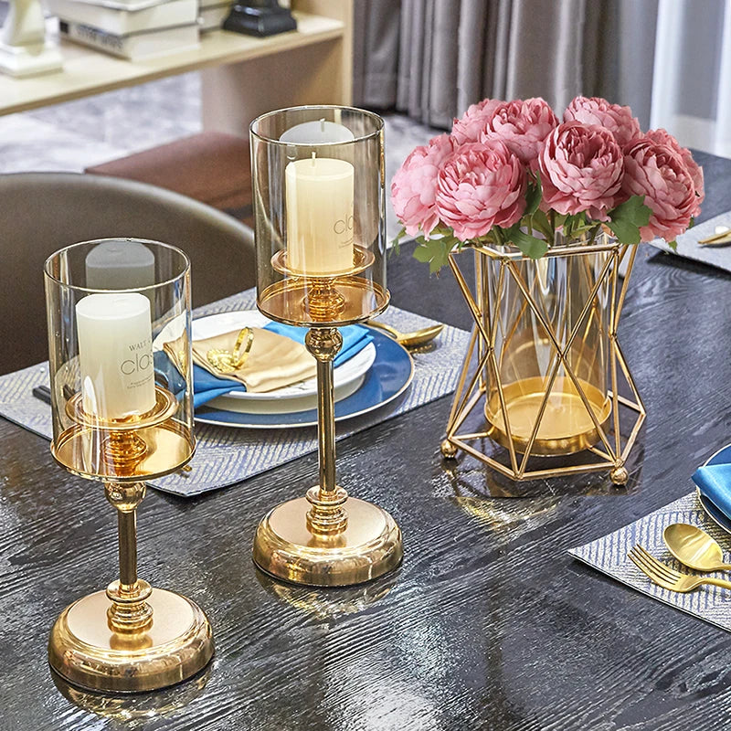 Traditional Chinese Gold Glass Column-Ball Pillar Matching Cup Candleholders/Sizes: S-M-L