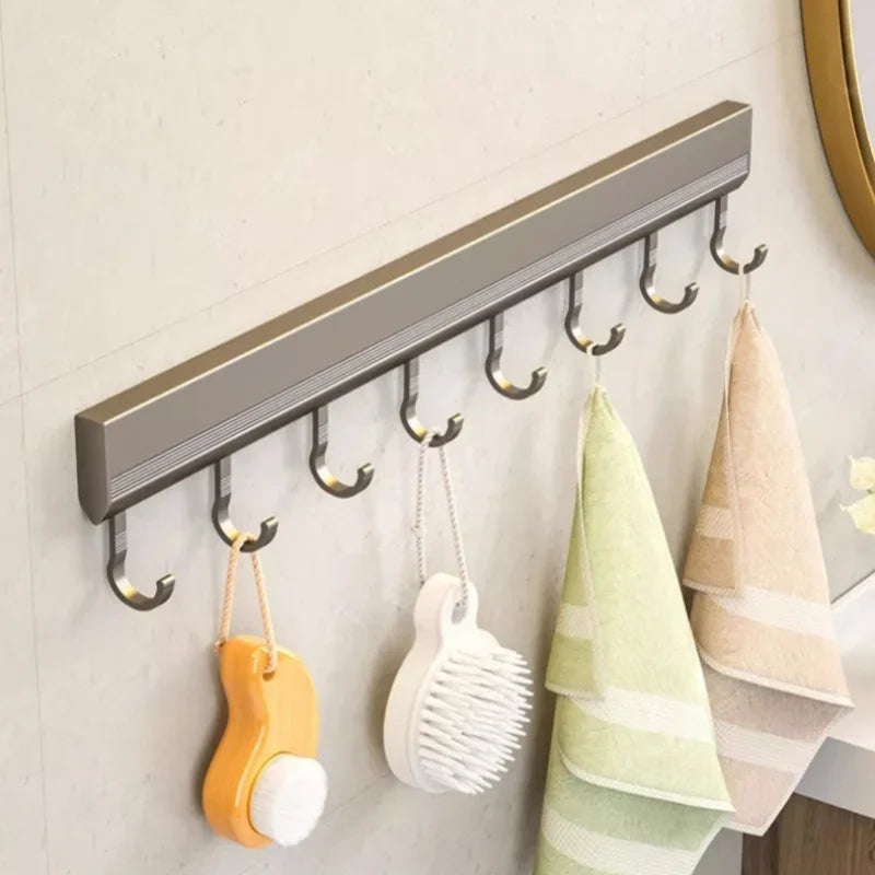 Kitchen Aluminum Wall Mounted Drill-Free Inserted Rubber Ring Hanging 6-8-10 Hooks Utensil Rack/Use Super Glue/Suitable For Smooth Non-Porous Surfaces/Colors-Silver/Gray