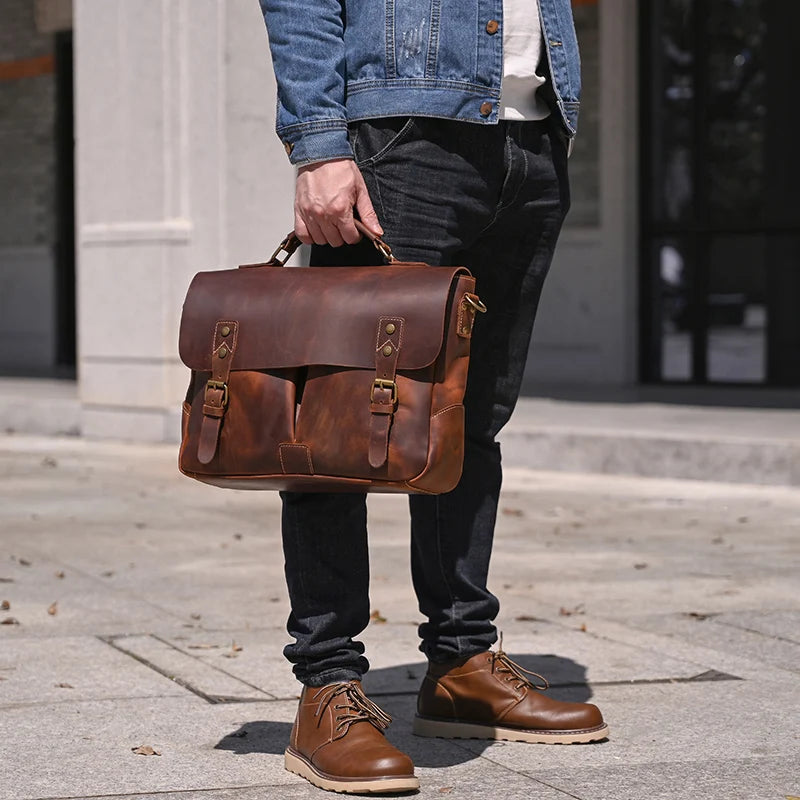 Luufan Brown Men Cow Leather Briefcase Zipper Bags/Handles-Shoulder Straps/Built-In Laptop Compartment/Fits 14 Inch Laptop