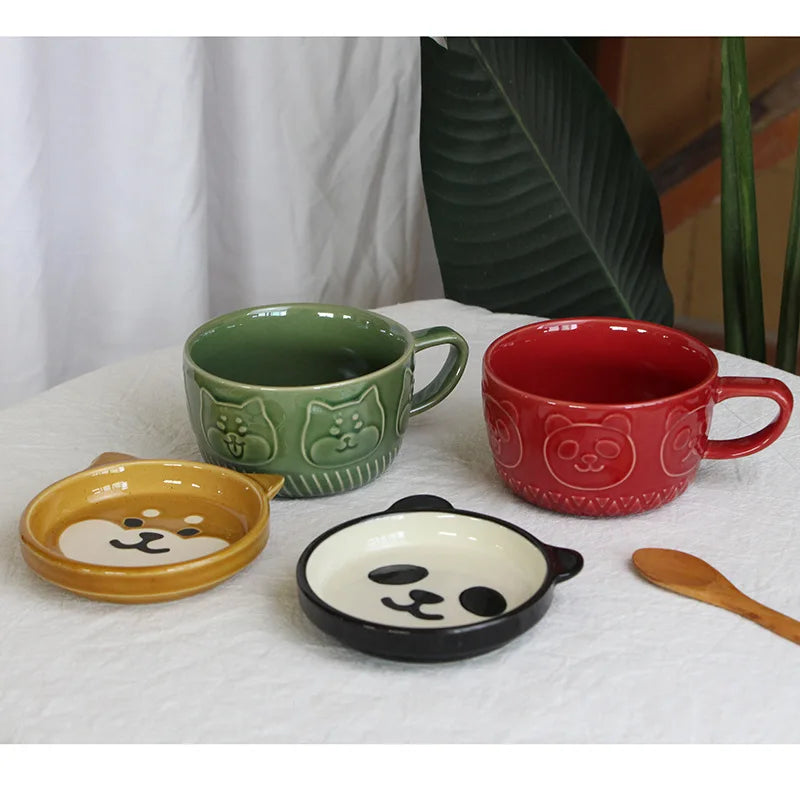 Kitchen Round Japanese Ceramic Funny Cartoon Cute Cat Coffee Mugs-Creative Cover/Colors-Blue/ Brown/Milk Yellow
