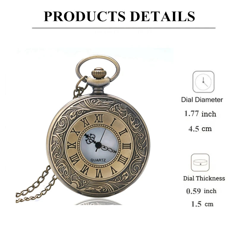 SOXY Adult Men Vintage Quartz Analog Display Glass Face Stainless Steel Metal Bronze Round Shaped Case White Face-Hollow-Out Roman Numeral On Front Design Arabic Numeral Inside Bronze Chain-Pocket Watches