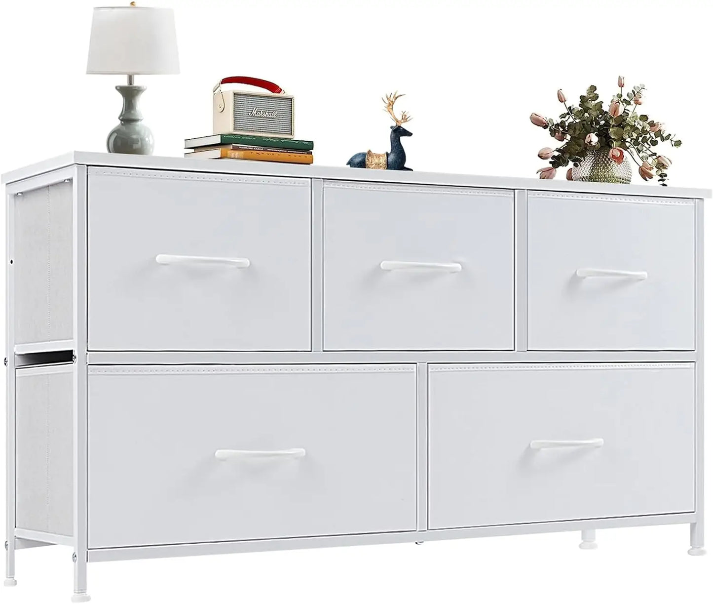 RUO WU Kids Small Rectangle Shaped Black Modern Wood Anti-Tilting Steel Frame Unfinished Adjustable Feet Dressers/5 Fabric Drawers/Plastic Handles/Colors-Black/Brown/Gray/White/Cross Support Bars