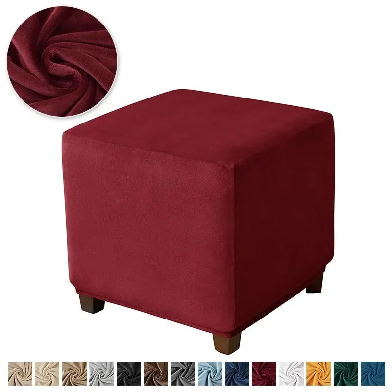 Soft Velvet Cotton-Polyester Square Ottoman Footrest Elastic Slipcovers/Colors-Green/White/Beige/Red/Gray