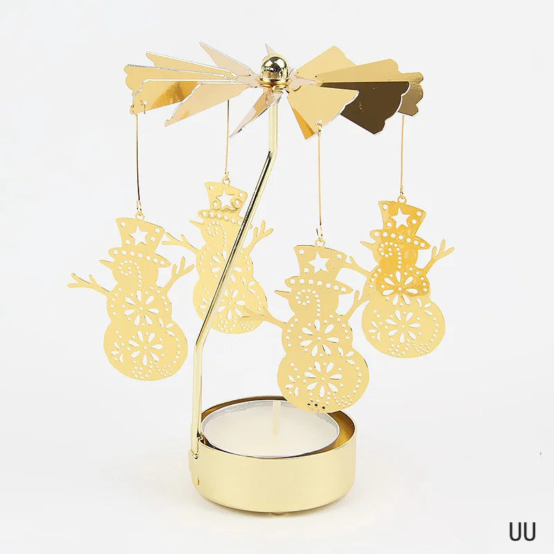 Gold Stainless Steel Metal Rotating Carousel Deer-Snowflake Small Tealight Candleholders