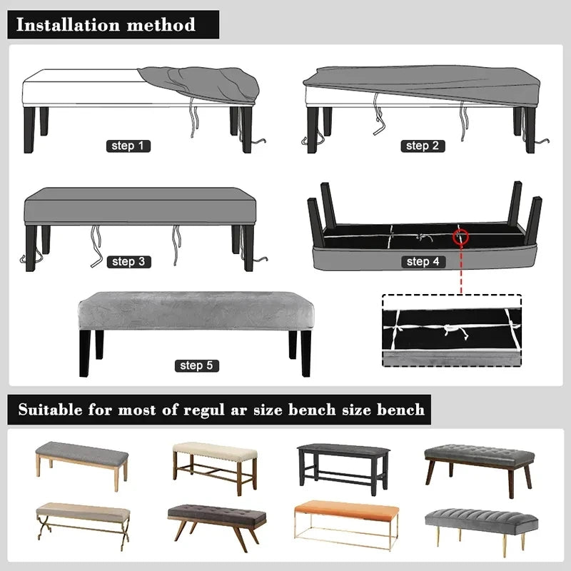 100% Polyester Soft Velvet Bench Slipcovers/Colors-Gray/Black/Brown/Red/Navy