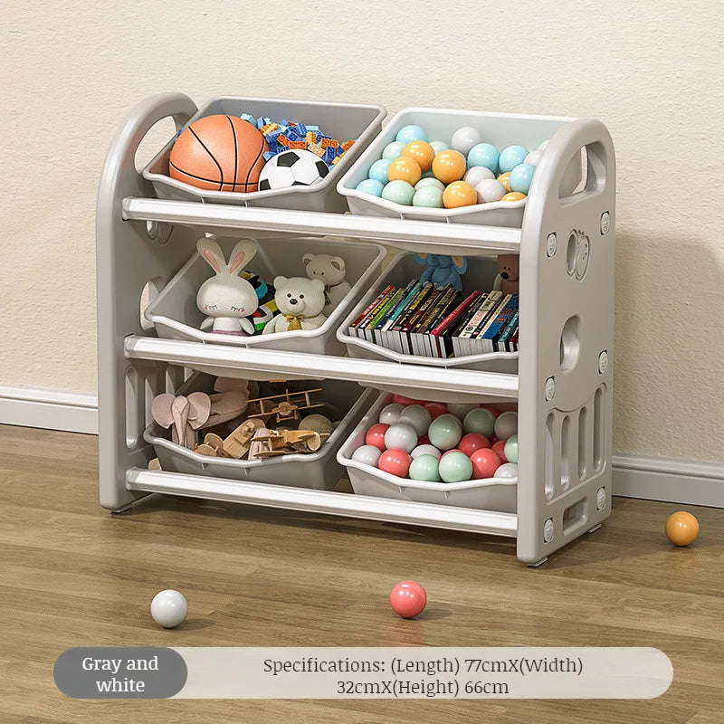 Babies-Toddlers Eco-Friendly 3-Tier Shelves Thick Plastic Toy Storage Cabinet/Ages: Over 6 Months Old/Colors-Gray/Pink/White/Black/Green/6-Plastic Storage Boxes Included