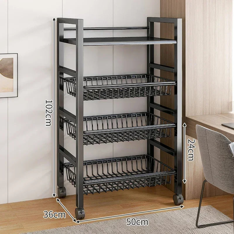 Kitchen Black-Brown Color Adjustable Height Pine Wood-Metal Storage Rack Movable Carts/360° Rotating Wheels