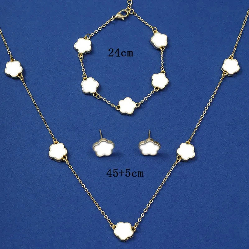 3PCS Set Imitation Zinc Alloy Lucky Five-Leaf Clover Jewelry Sets/Necklace-Bracelet-Earrings/Colors-Floral/Gold/Black/White/Silver